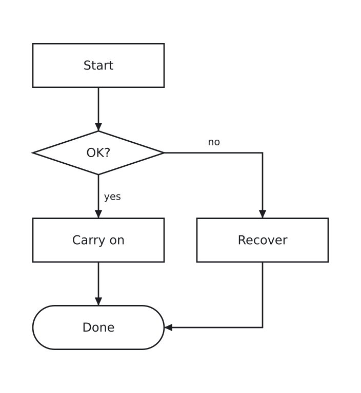 A start box, a decision, a branch that recovers, and both paths meeting at an end box, drawn against square.toml